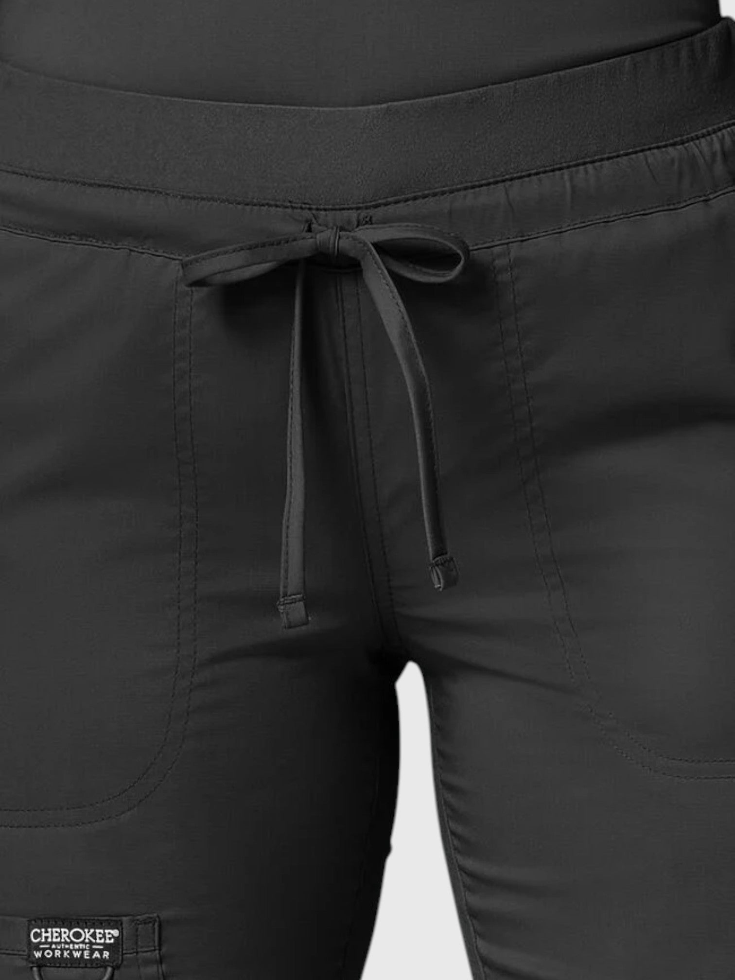 V-Neck Top | Tapered Leg Drawsting Pant 8 Pocket Women's Scrub Set#Color_Black