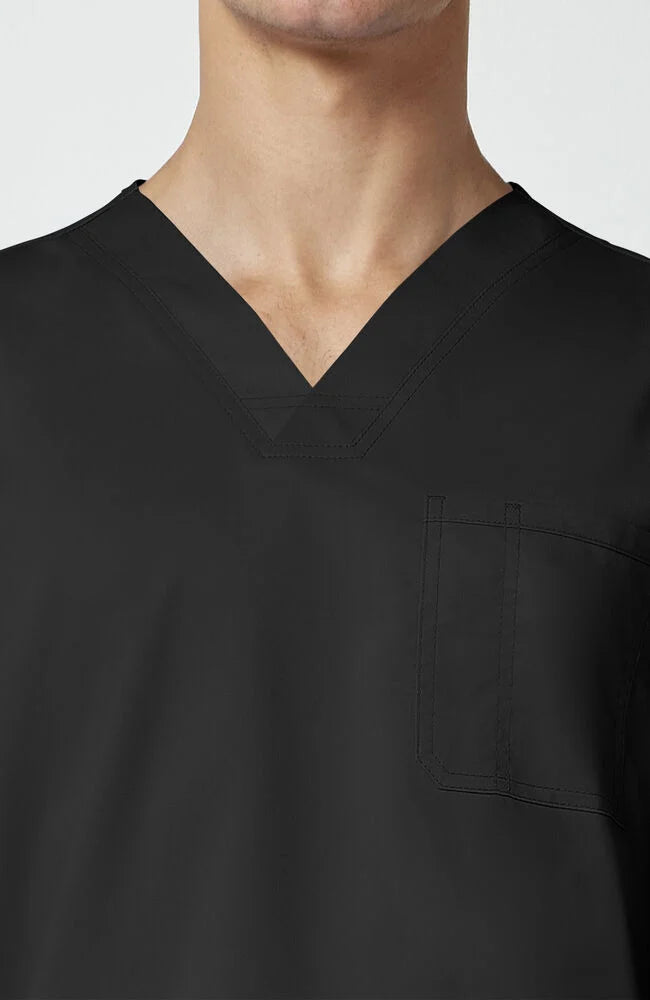 V-Neck Top | Mid Rise Tapered Pant 10 Pocket Men's Scrub Set#Color_Black