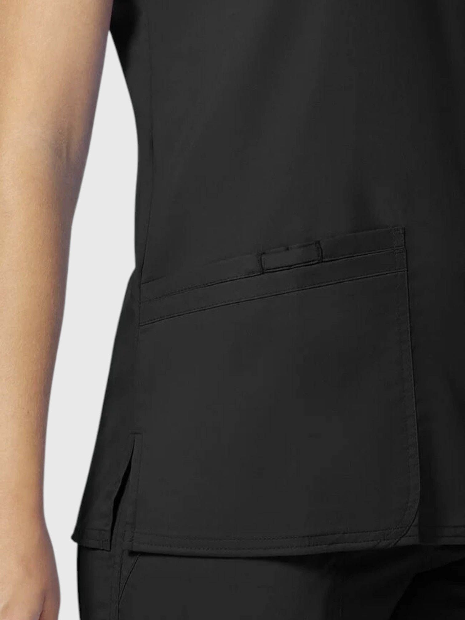 V-Neck Top | Tapered Leg Drawsting Pant 8 Pocket Women's Scrub Set#Color_Black