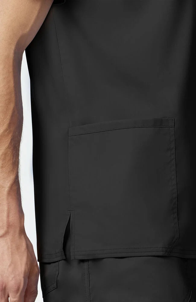 V-Neck Top | Mid Rise Tapered Pant 10 Pocket Men's Scrub Set#Color_Black