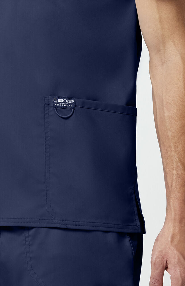 V-Neck Top | Mid Rise Tapered Pant 10 Pocket Men's Scrub Set#Color_Navy Blue