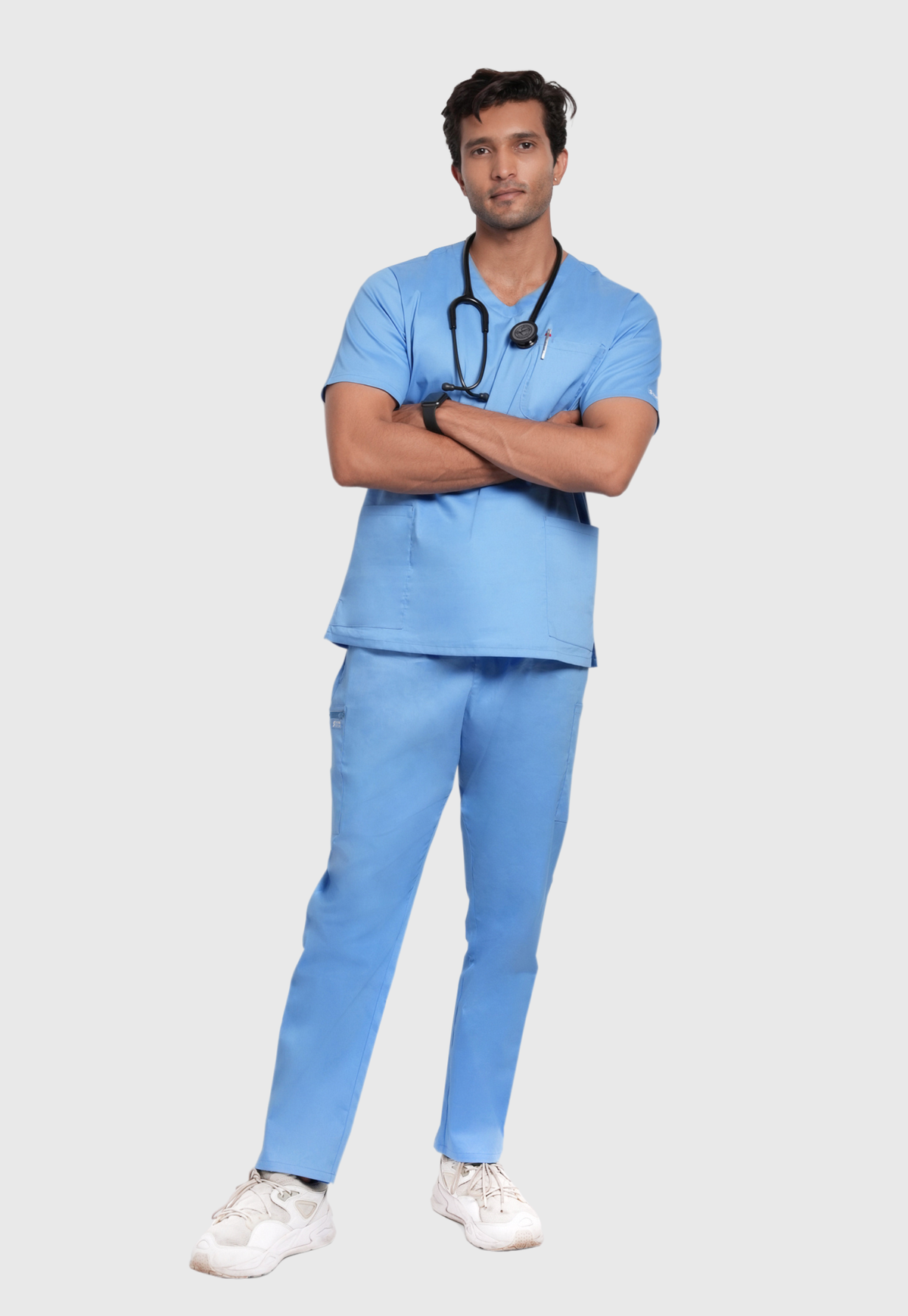Scrub Set - Men's Cotton V Neck Top | Straight Pant | 7 Pocket#Color_Ceil Blue