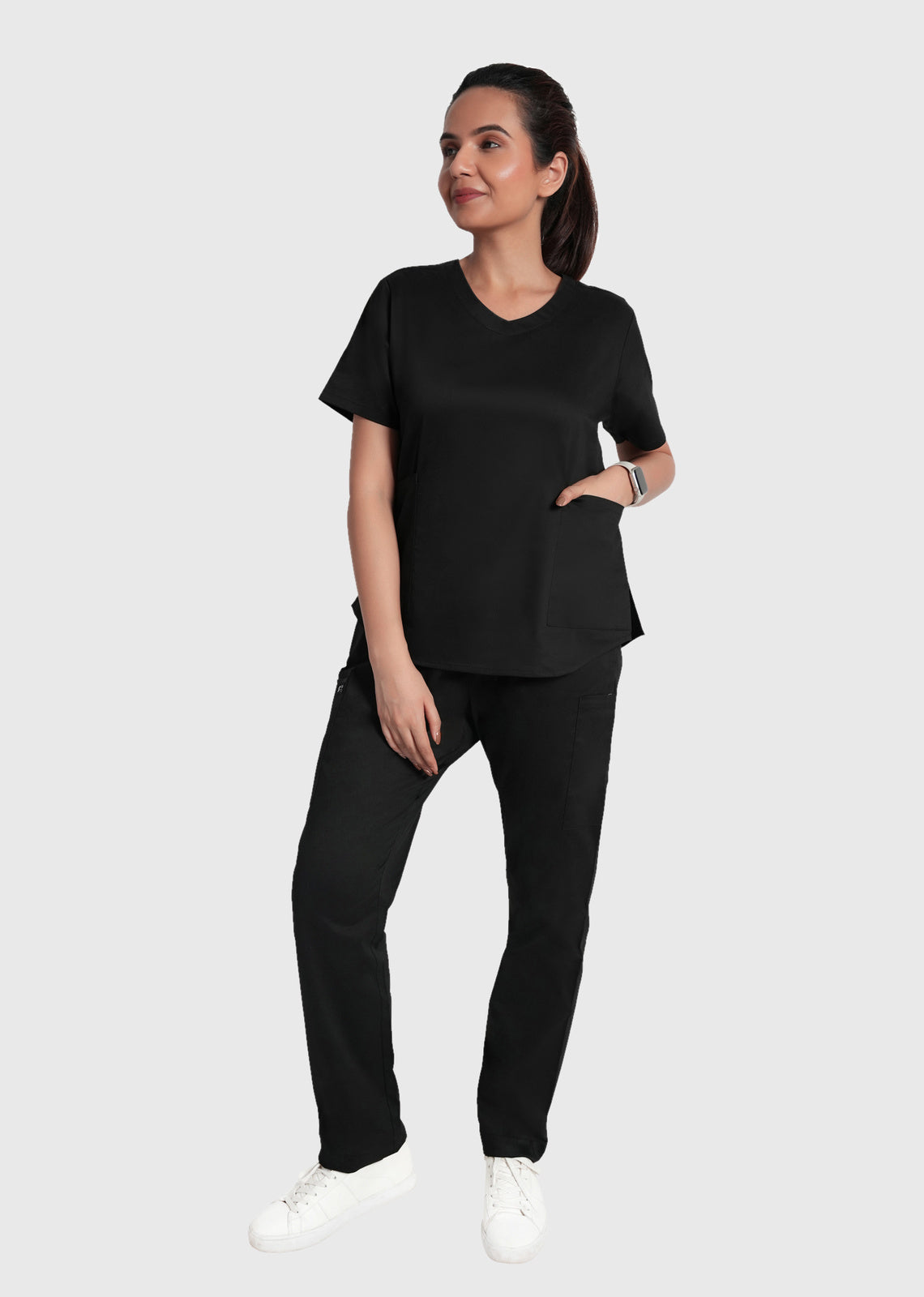 Scrub Set - Women's Cotton V Neck Top | Straight Pant | 6 Pockets#Color_Kohl Black