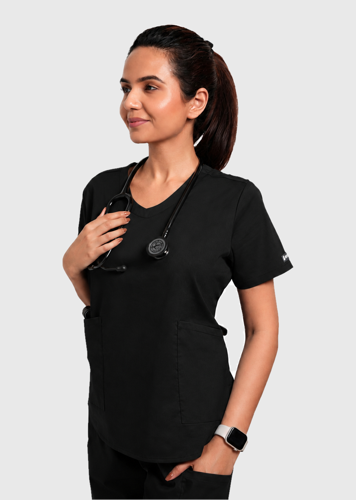 Scrub Set - Women's Cotton V Neck Top | Straight Pant | 6 Pockets#Color_Kohl Black