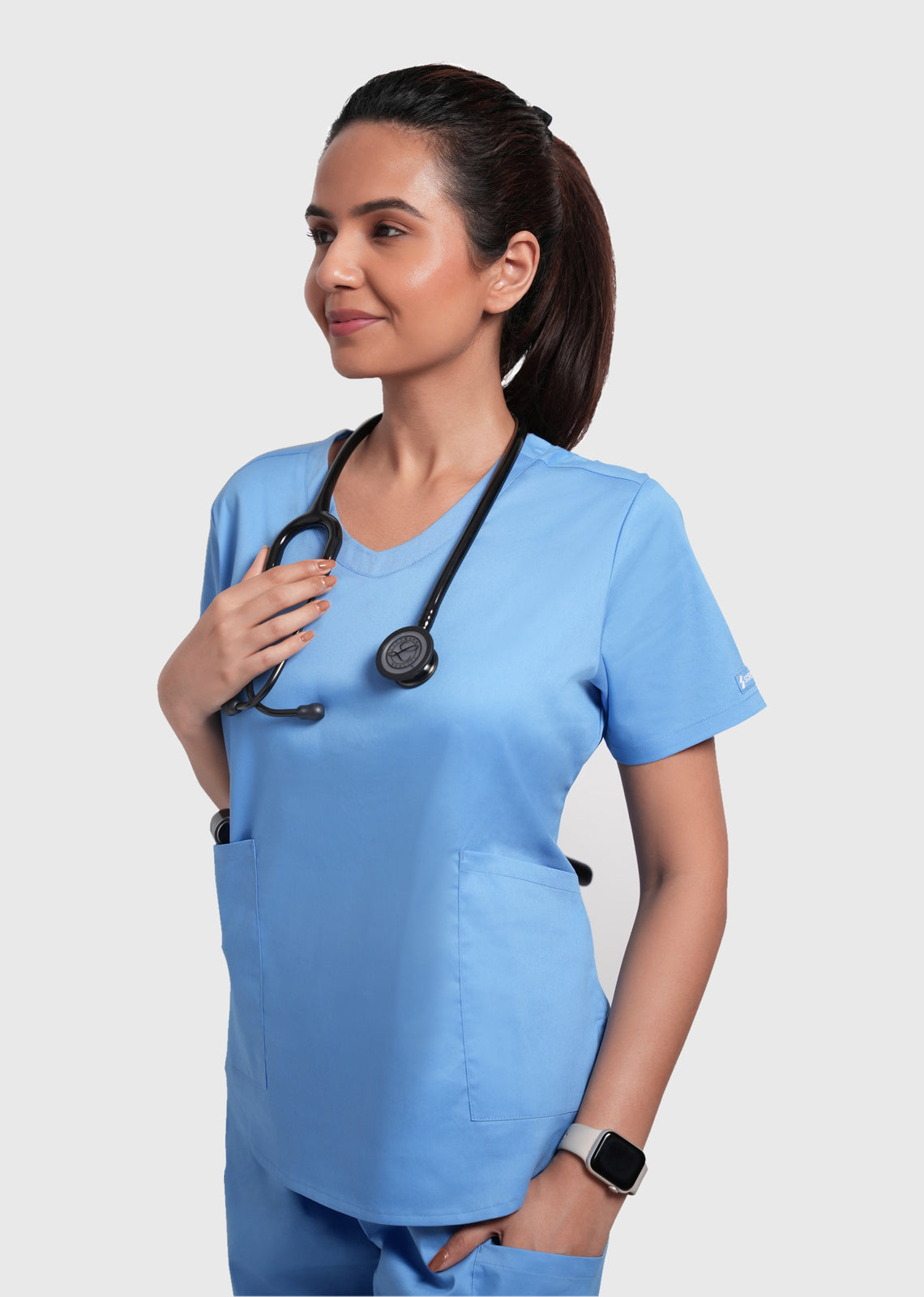 Scrub Set - Women's Cotton V Neck Top | Straight Pant | 6 Pockets#Color_Ceil Blue