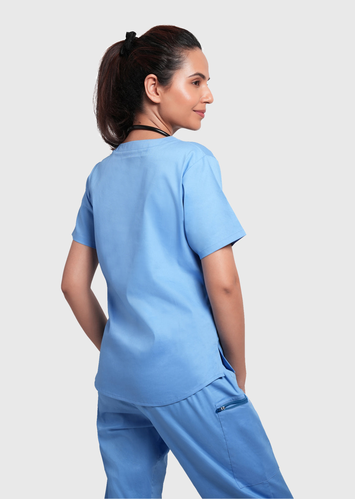 Scrub Set - Women's Cotton V Neck Top | Straight Pant | 6 Pockets#Color_Ceil Blue
