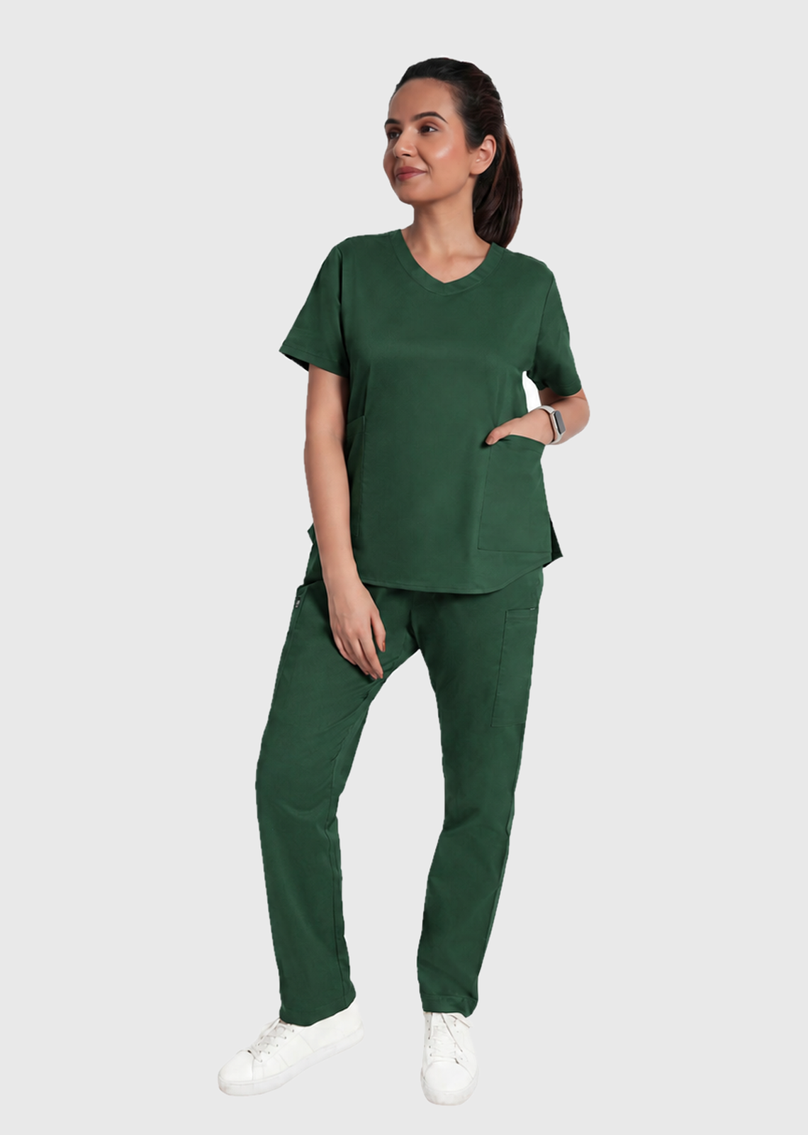 Scrub Set - Women's Cotton V Neck Top | Straight Pant | 6 Pockets#Color_Forest Green