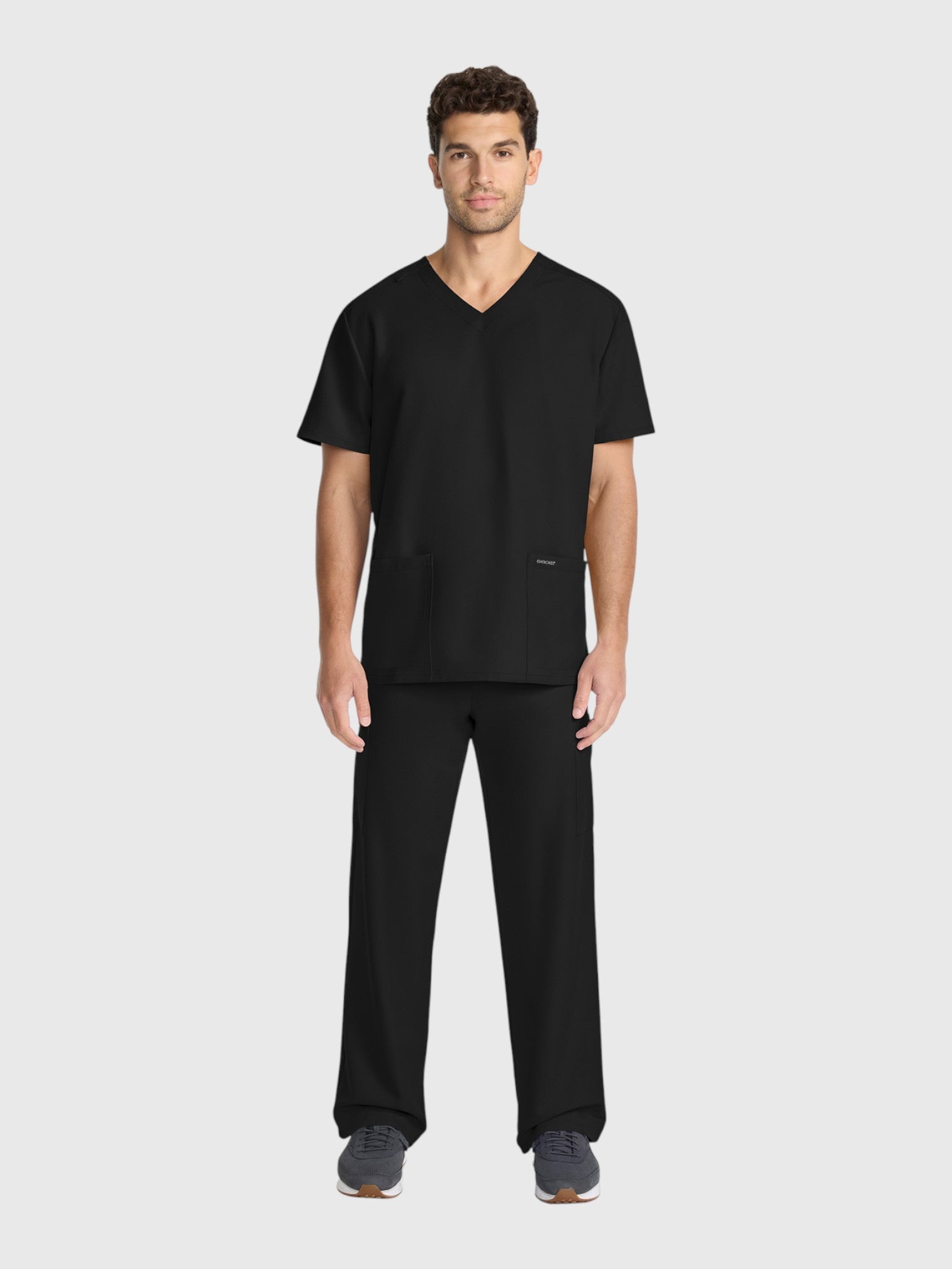 Modern V Neck 2 Pocket Unisex Scrub Top#Color_Black