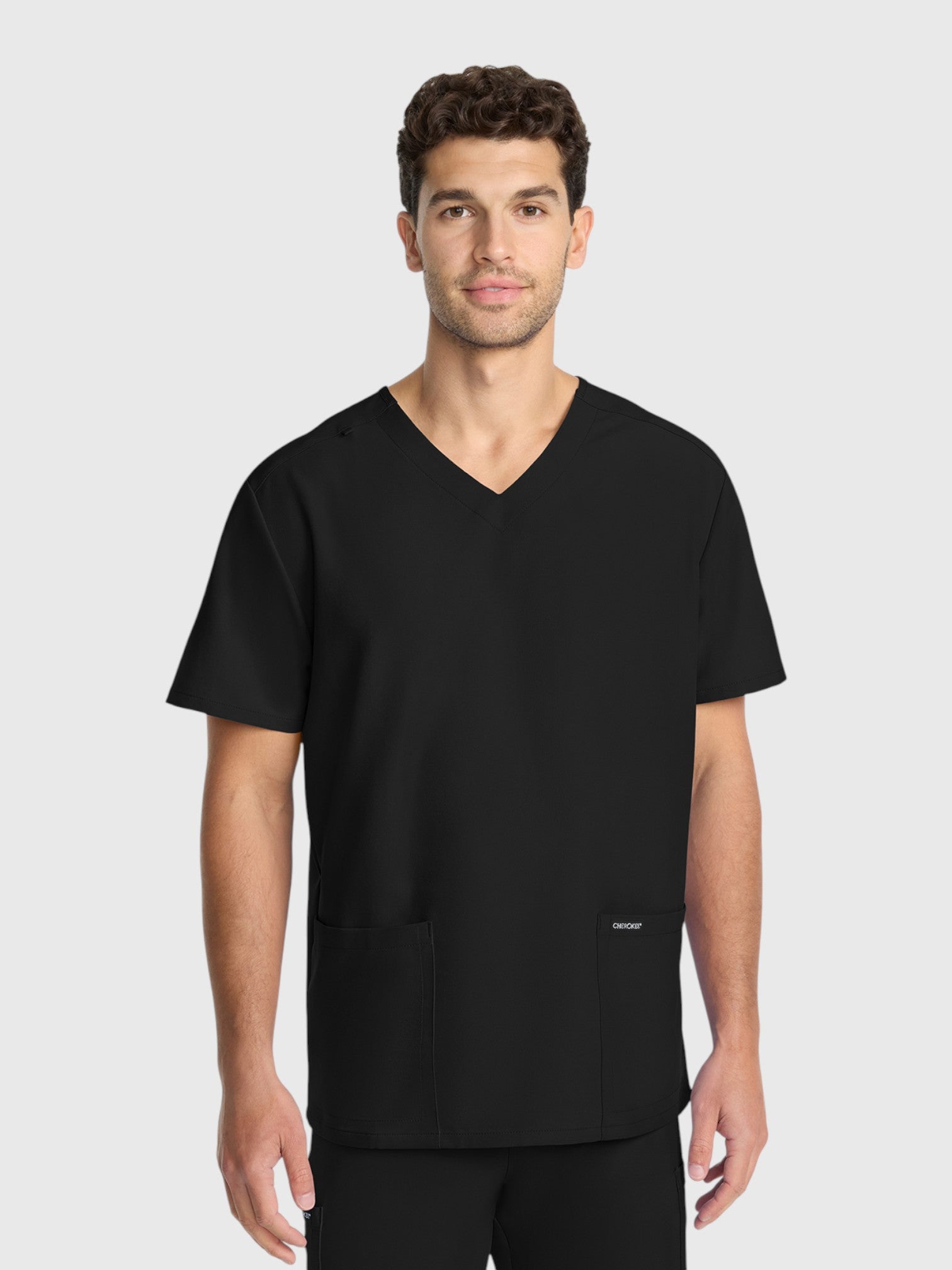 V-Neck Top | Straight Leg Pant 5 Pocket Unisex Scrub Set#Color_Black