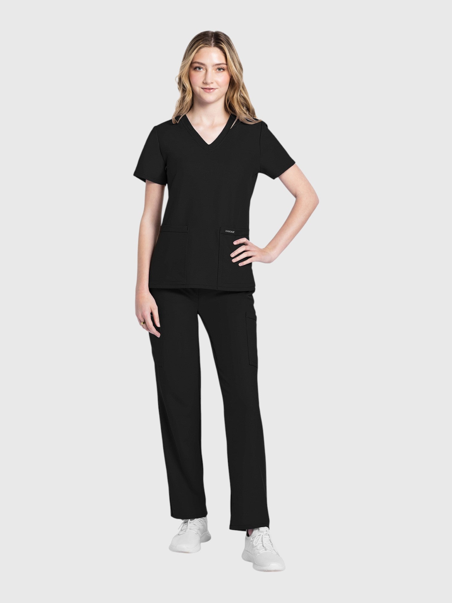 V-Neck Top | Straight Leg Pant 6 Pocket Women's Scrub Set#Color_Black