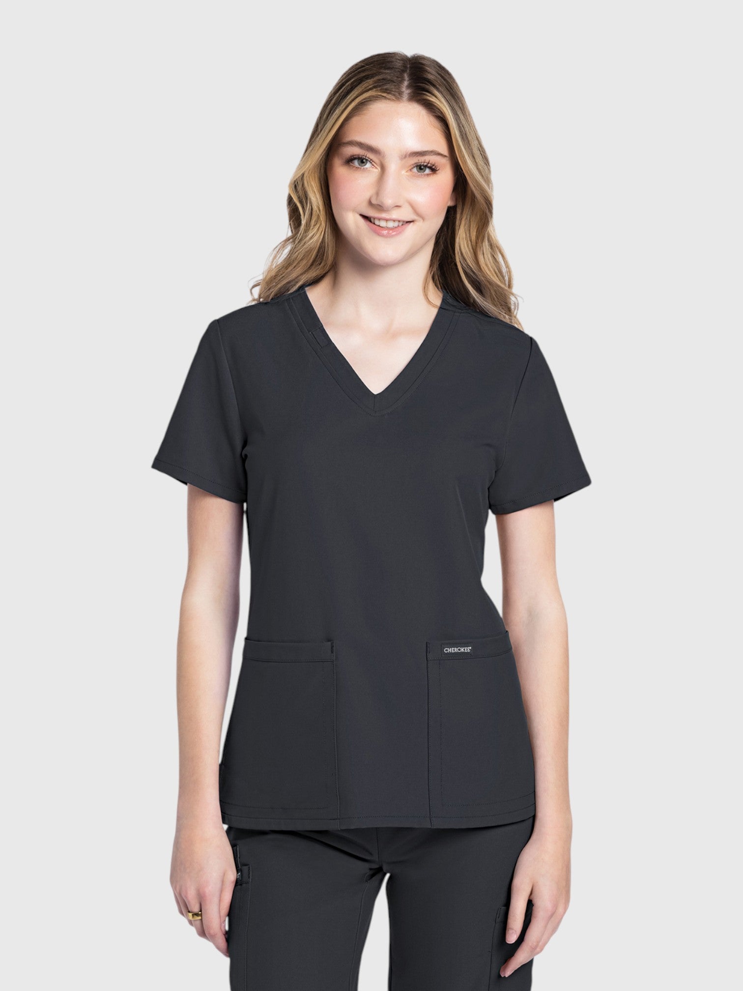Modern V Neck 2 Pocket Women’s Scrub Top#Color_Pewter