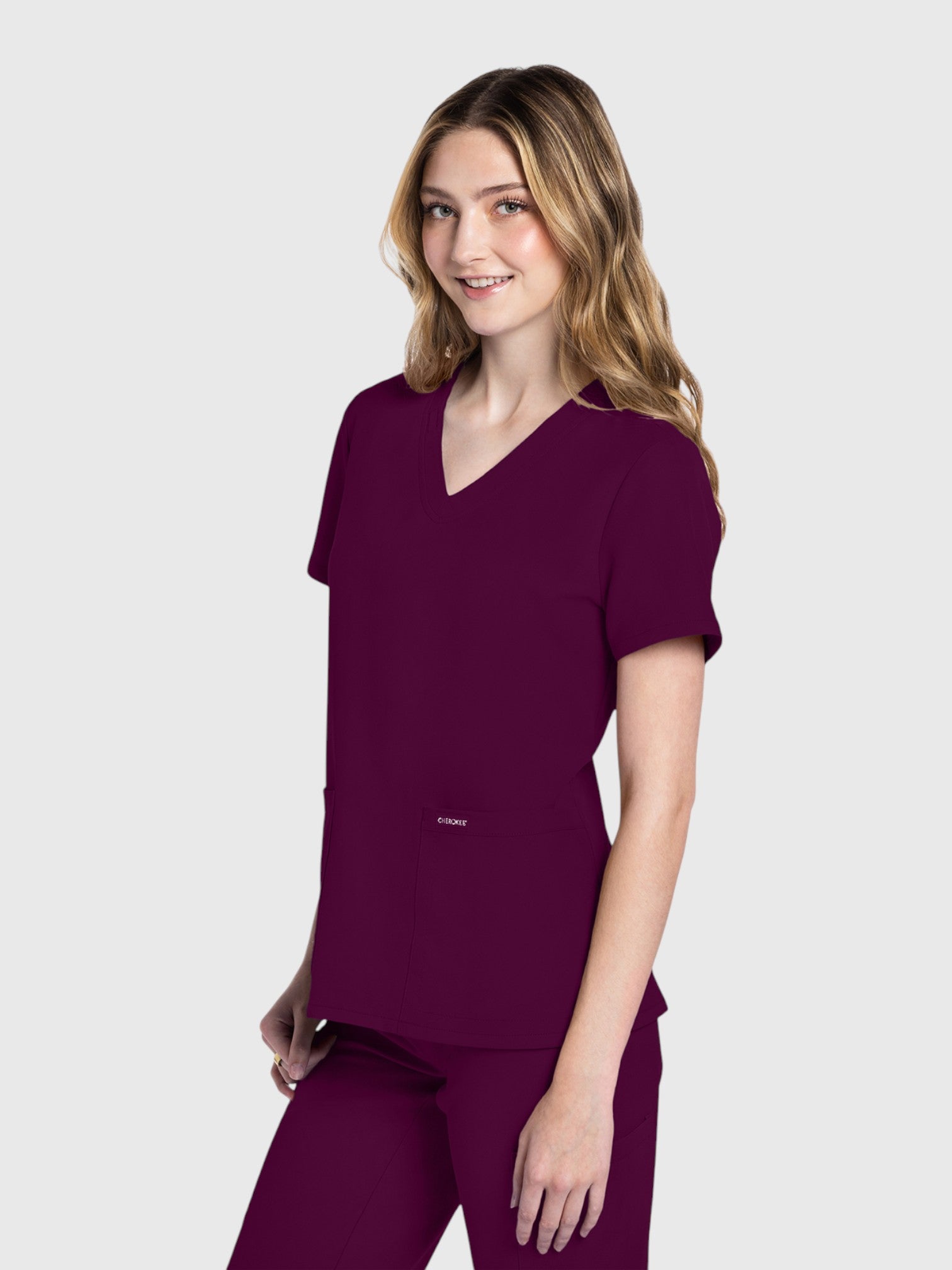 V-Neck Top | Straight Leg Pant 6 Pocket Women's Scrub Set#Color_Wine