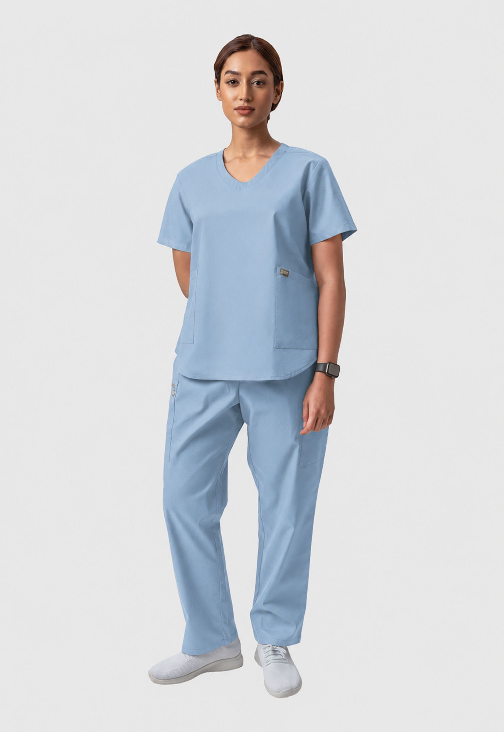 Modern V-Neck Top | Straight Pant 6 Pocket Women's Cotton ScrubSet#Color_Ceil Blue