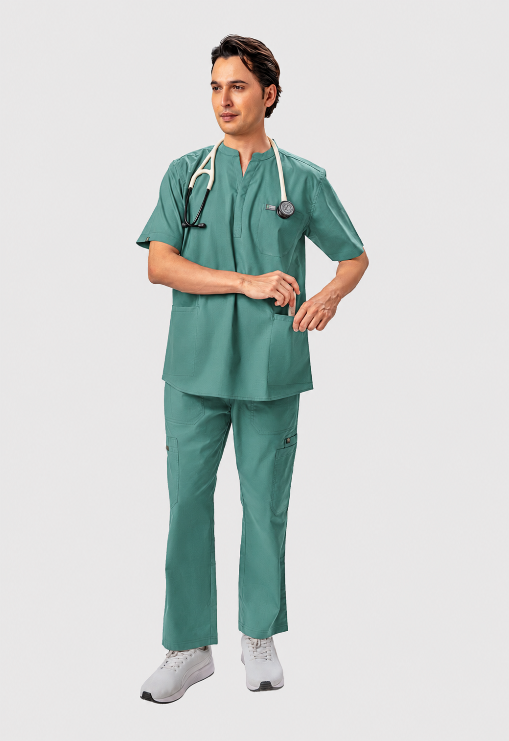Mandarin Collar Top| Cargo Pant 9 Pocket Men's Cotton ScrubSet#Color_Ocean Teal