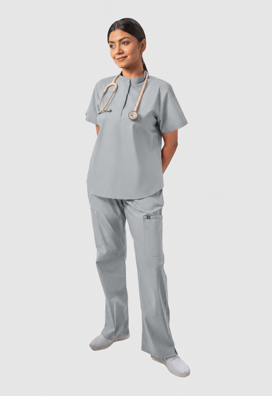 Mandarin Collar Top | Wide Leg Pant 7 Pocket Women's Cotton ScrubSet#Color_Slate Grey