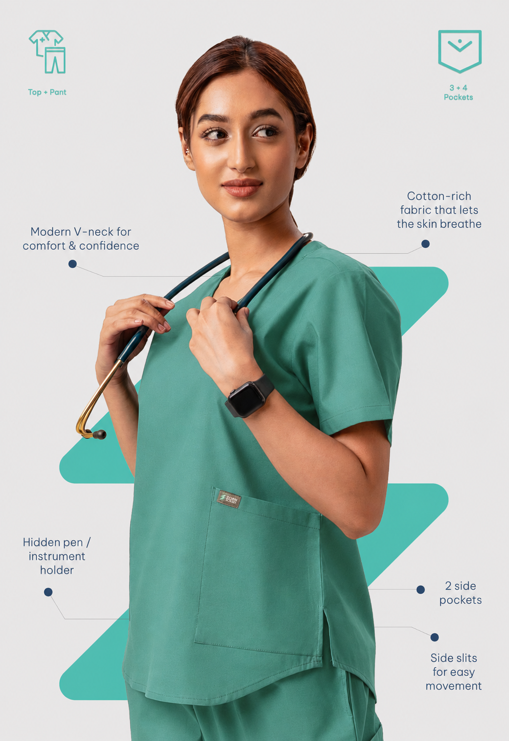 Modern V-Neck Top | Straight Pant 6 Pocket Women's Cotton ScrubSet#Color_Ocean Teal