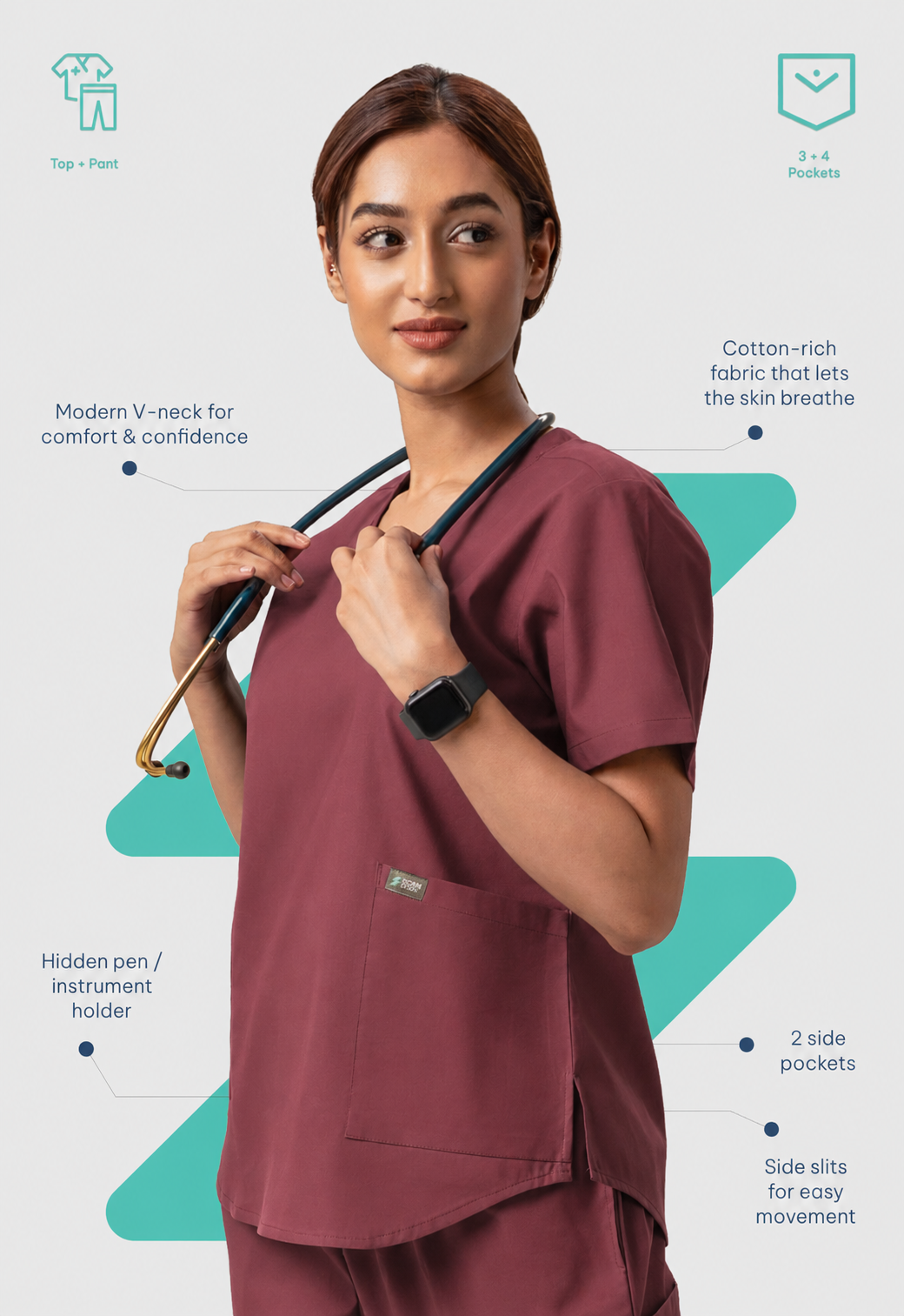 Modern V-Neck Top | Straight Pant 6 Pocket Women's Cotton ScrubSet#Color_Royal Plum