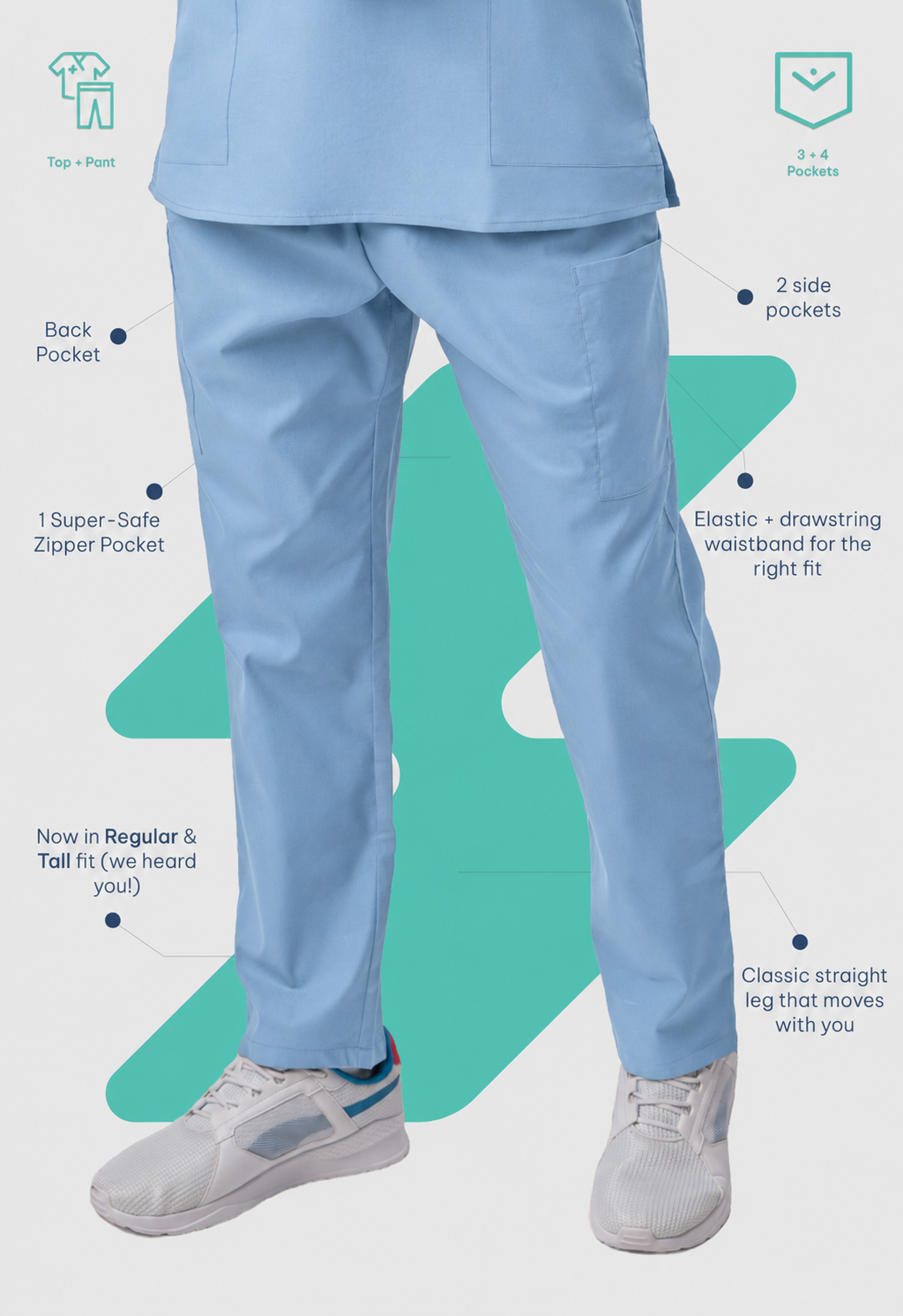 Modern V-Neck Top | Straight Pant 7 Pocket Men's Cotton ScrubSet#Color_Ceil Blue