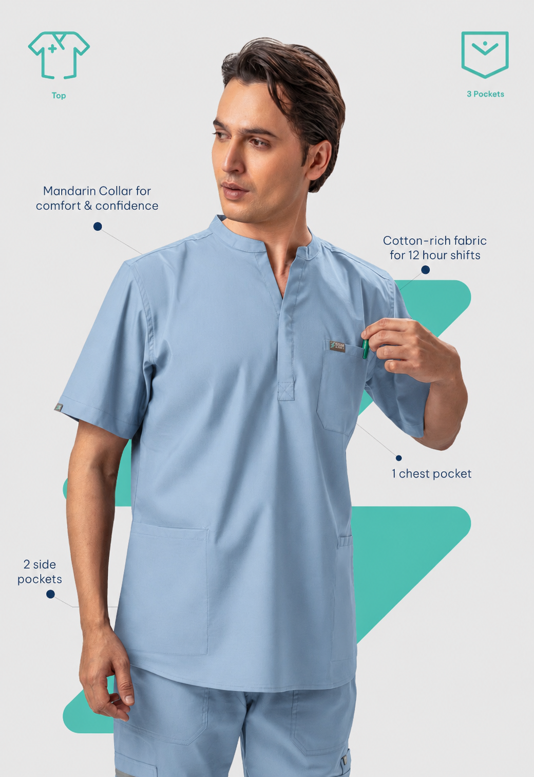 Mandarin Collar 3 Pocket Men's Cotton Scrub Top#Color_Ceil Blue