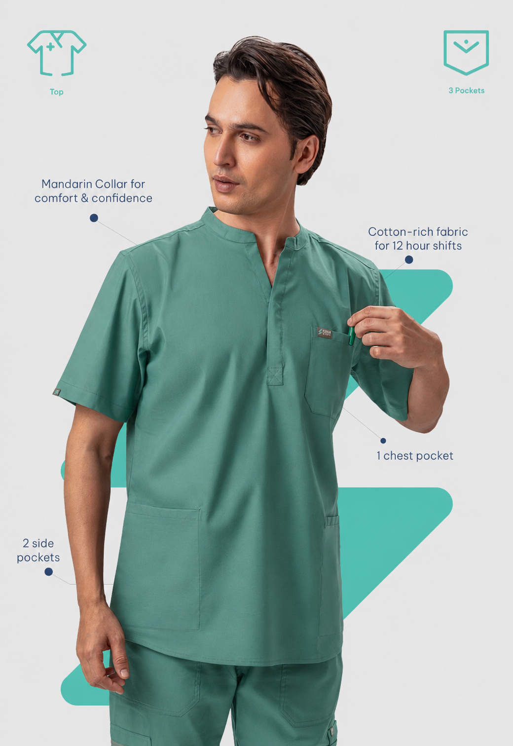 Mandarin Collar 3 Pocket Men's Cotton Scrub Top#Color_Ocean Teal