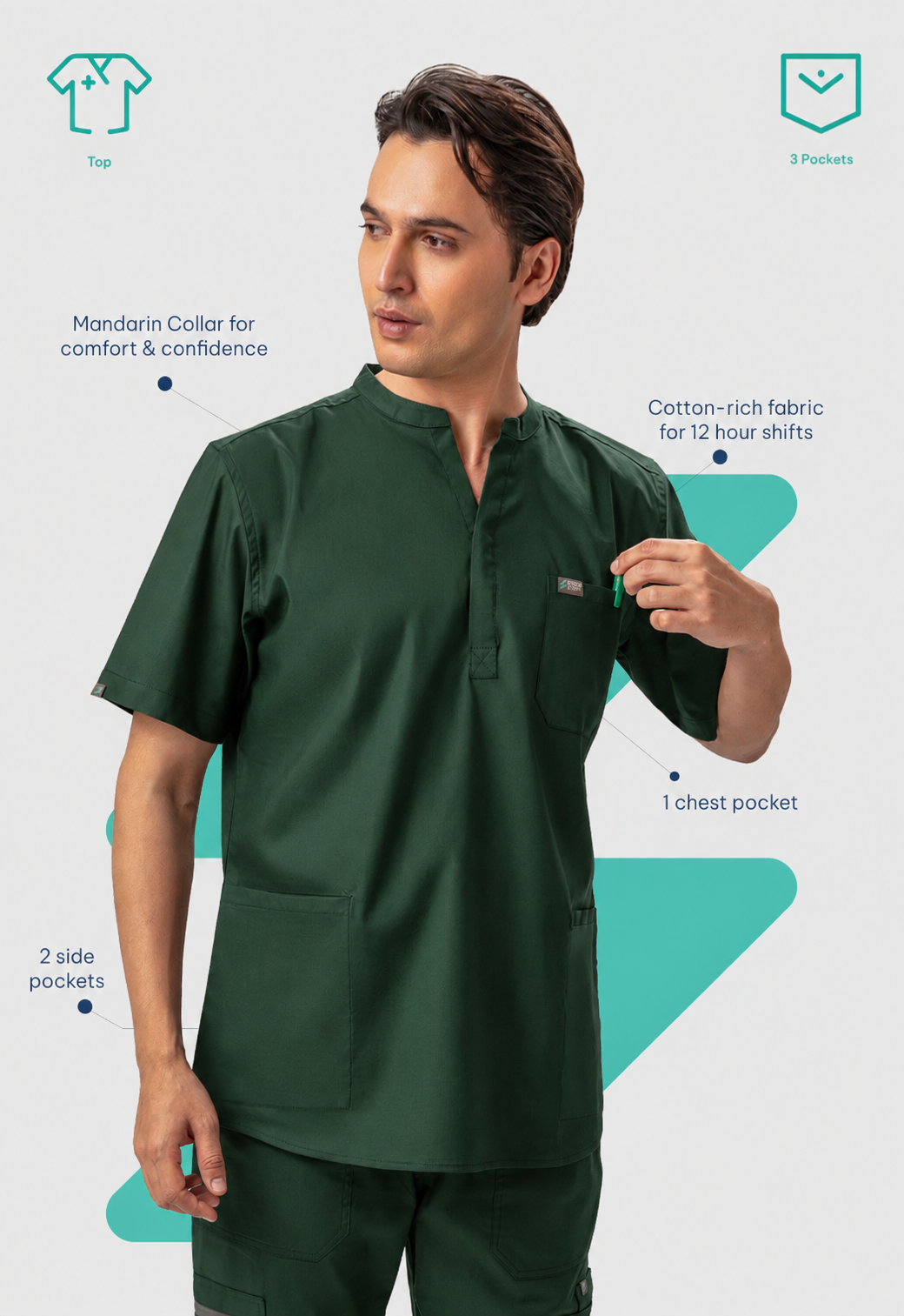 Mandarin Collar 3 Pocket Men's Cotton Scrub Top#Color_Forest Green