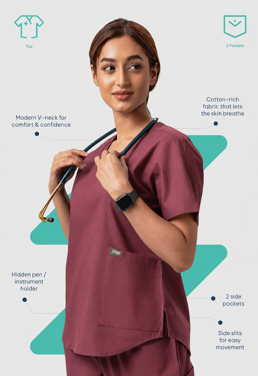 Modern V-Neck 2 Pocket Women's Cotton Scrub Top#Color_Royal Plum