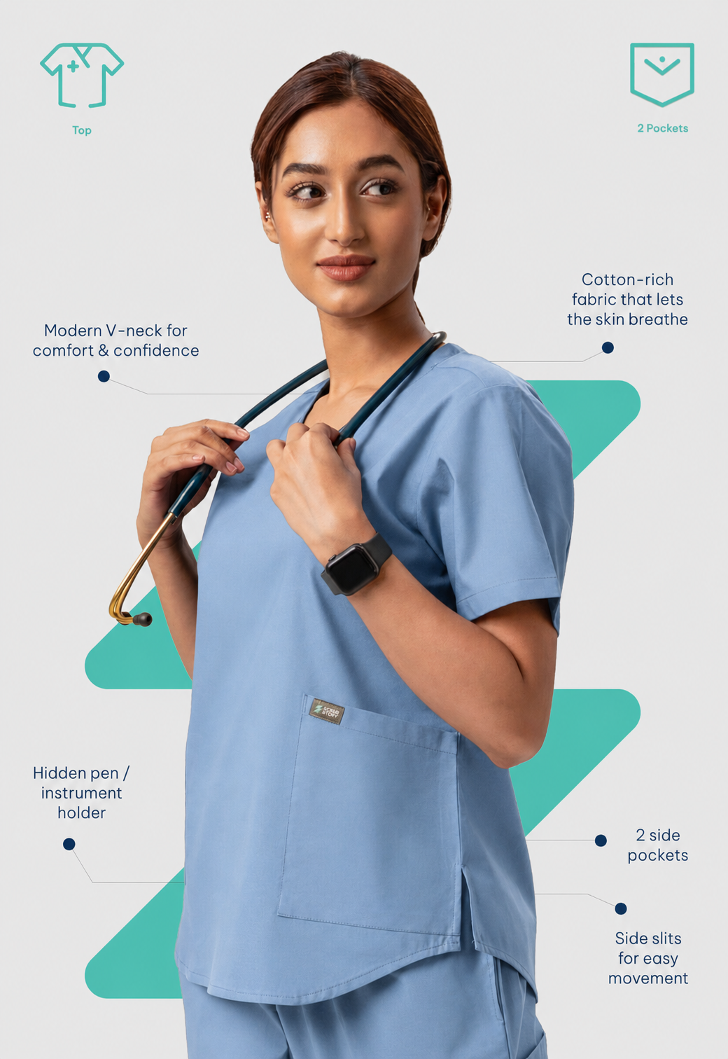 Modern V-Neck 2 Pocket Women's Cotton Scrub Top#Color_Ceil Blue
