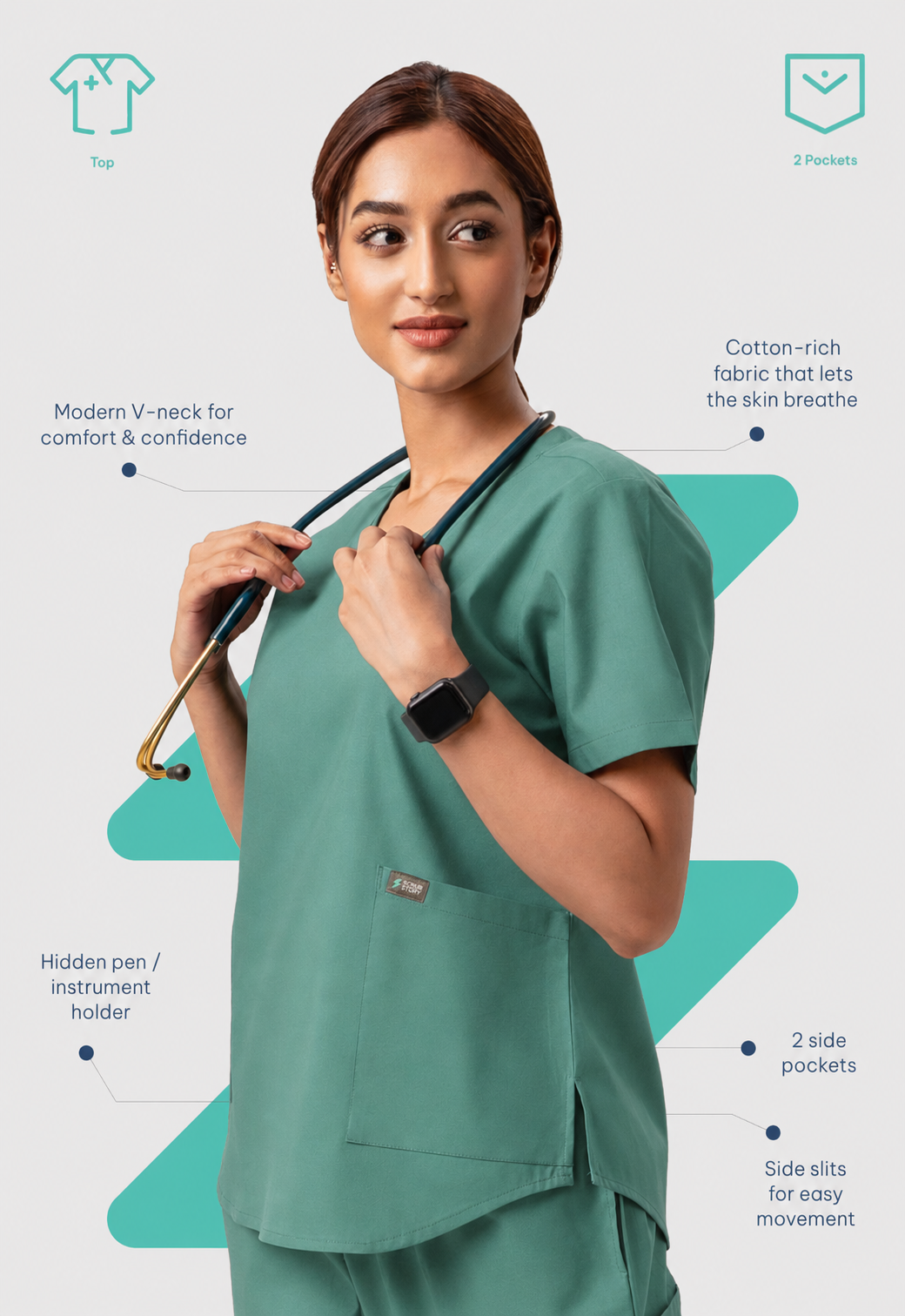 Modern V-Neck 2 Pocket Women's Cotton Scrub Top#Color_Ocean Teal