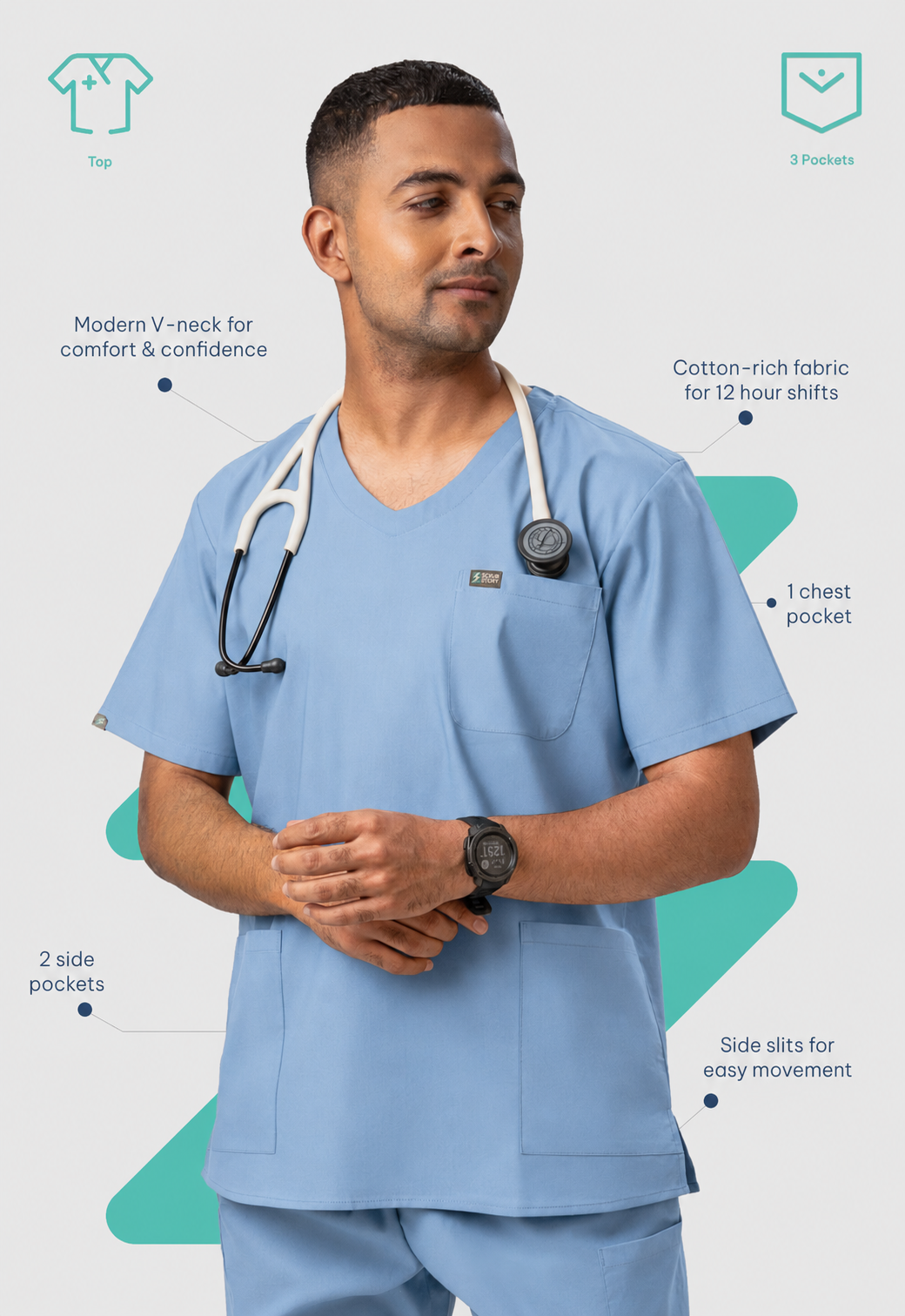 Modern V-Neck 3 Pocket Men's Cotton Scrub Top#Color_Ceil Blue