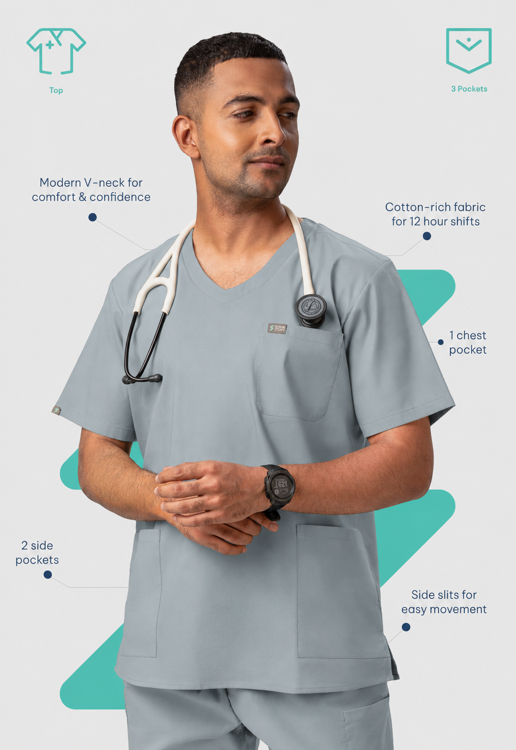 Modern V-Neck 3 Pocket Men's Cotton Scrub Top#Color_Slate Grey