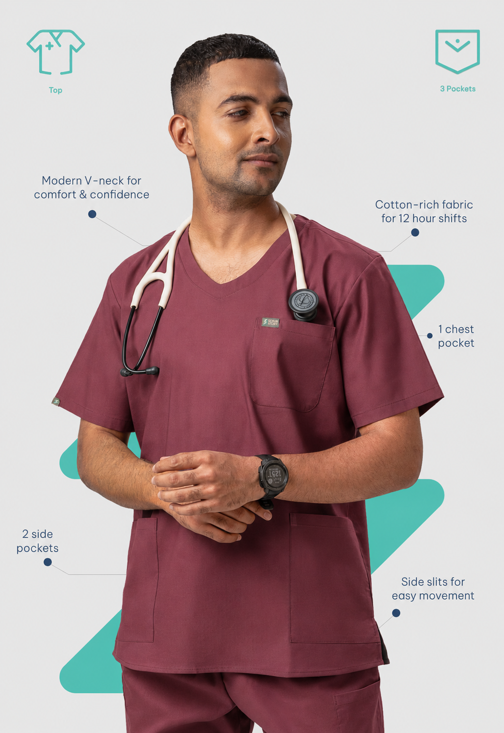 Modern V-Neck 3 Pocket Men's Cotton Scrub Top#Color_Royal Plum