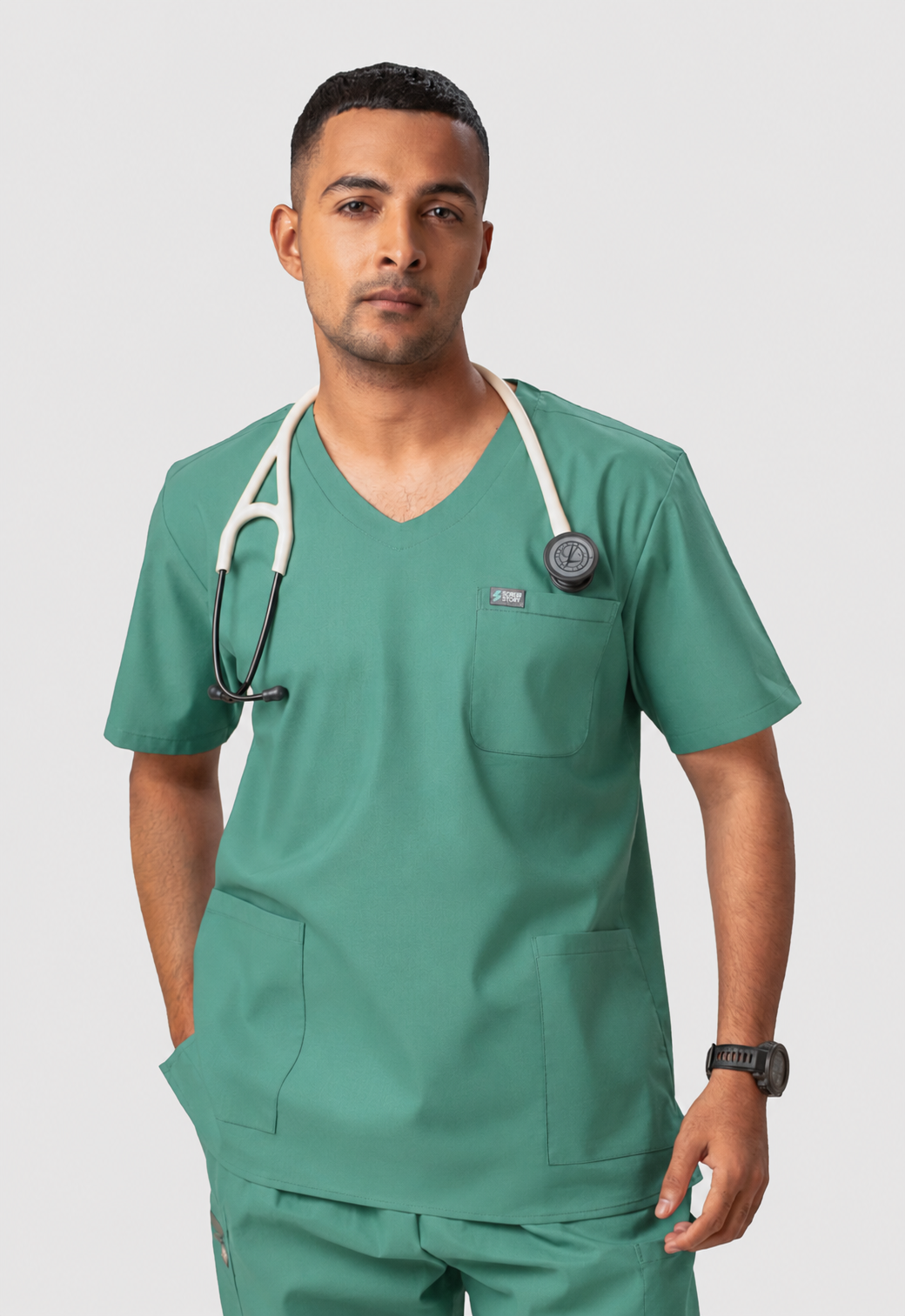 Modern V-Neck 3 Pocket Men's Cotton Scrub Top#Color_Ocean Teal