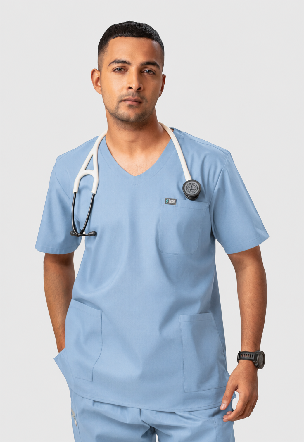 Modern V-Neck 3 Pocket Men's Cotton Scrub Top#Color_Ceil Blue