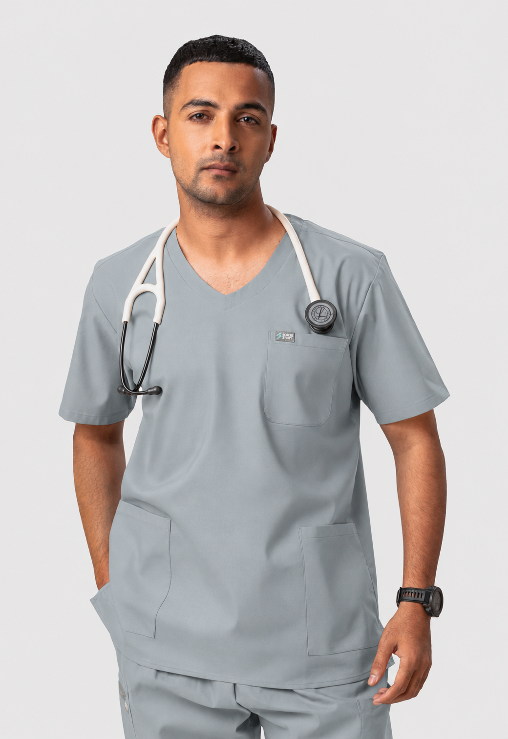 Modern V-Neck 3 Pocket Men's Cotton Scrub Top#Color_Slate Grey