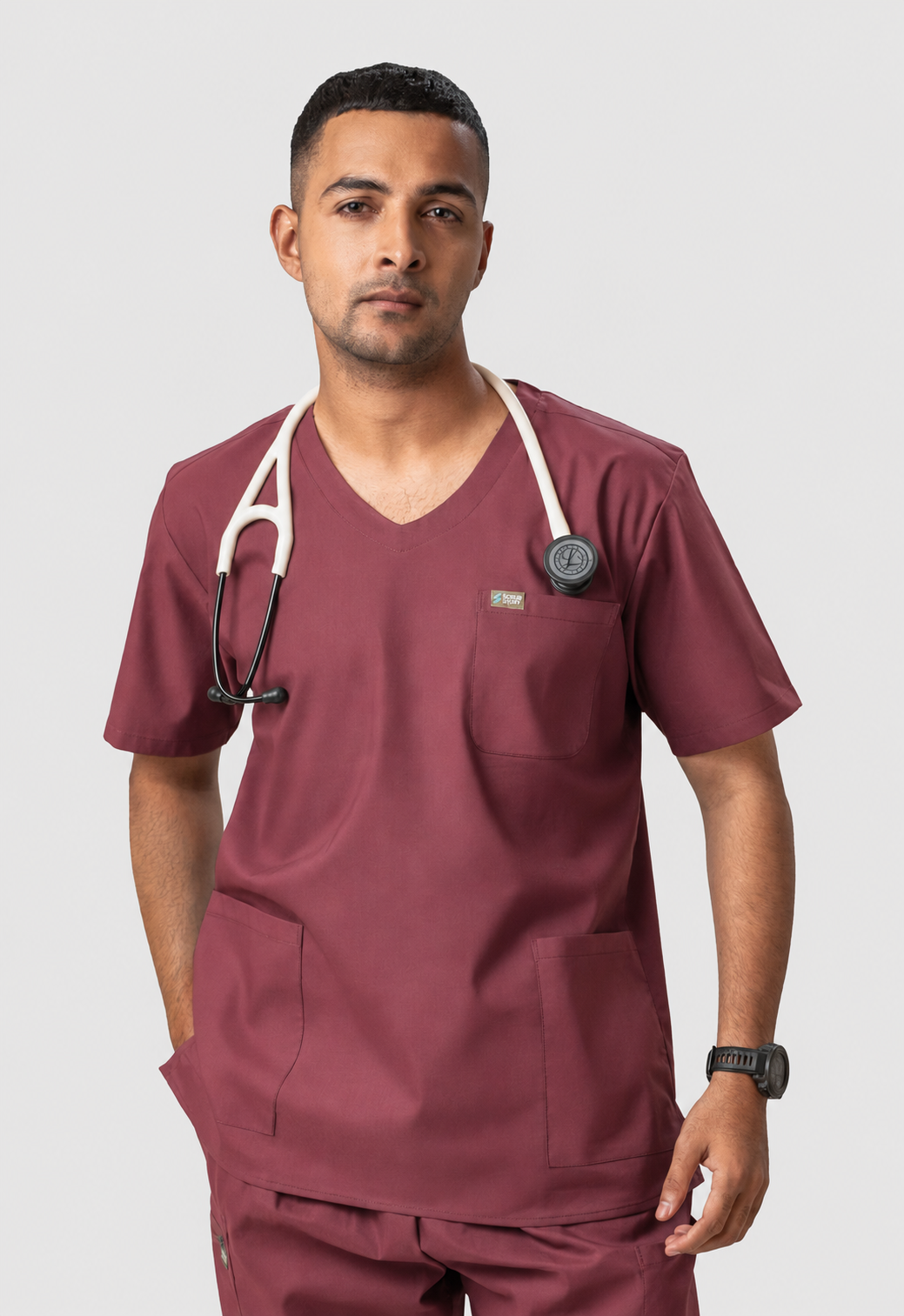 Modern V-Neck 3 Pocket Men's Cotton Scrub Top#Color_Royal Plum