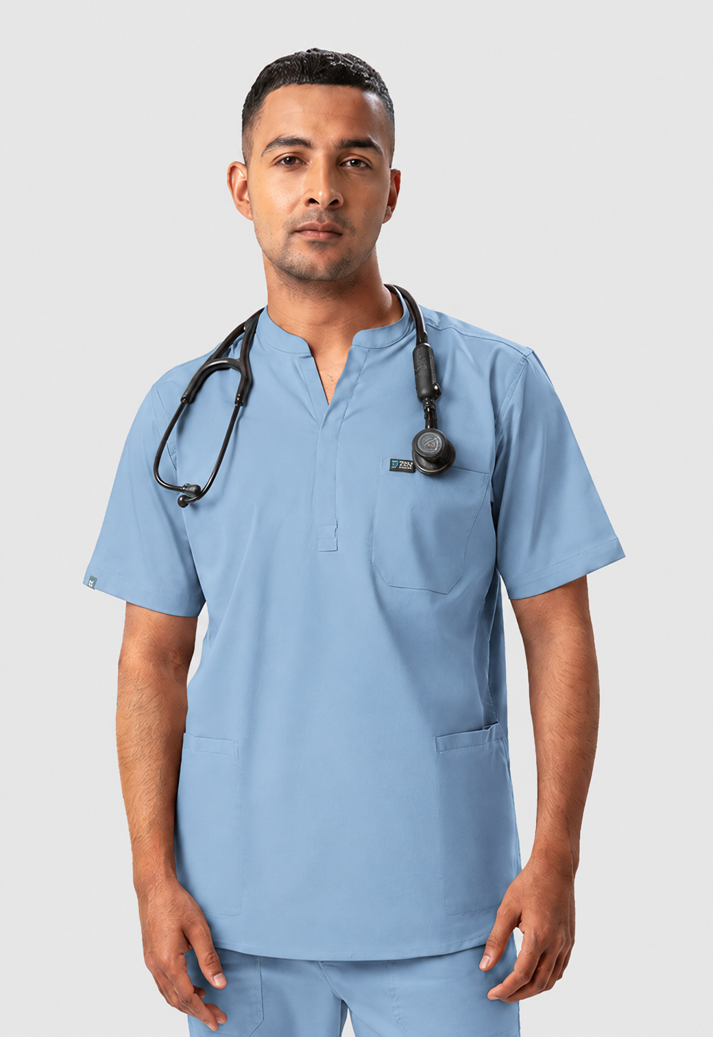 Mandarin Collar 3 Pocket Men's Cotton Scrub Top#Color_Ceil Blue