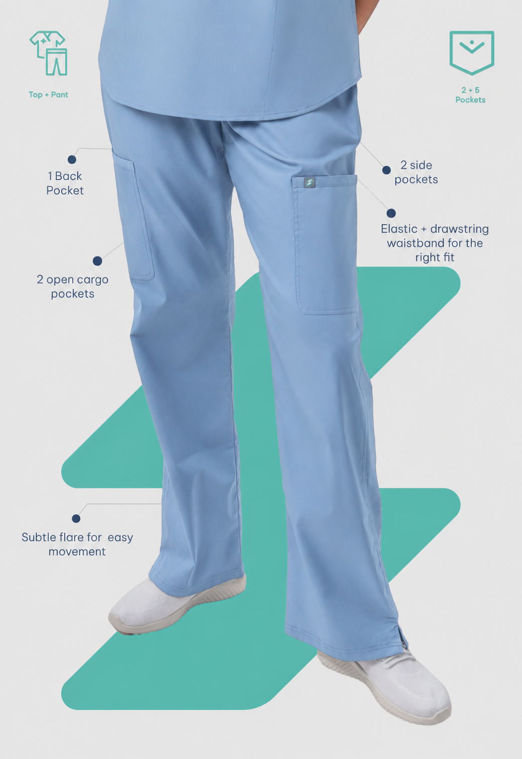 Mandarin Collar Top | Wide Leg Pant 7 Pocket Women's Cotton ScrubSet#Color_Ceil Blue