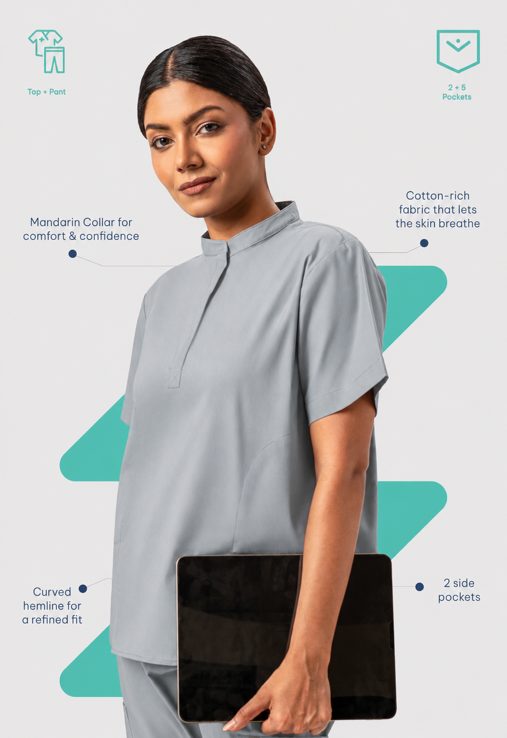 Mandarin Collar Top | Wide Leg Pant 7 Pocket Women's Cotton ScrubSet#Color_Slate Grey