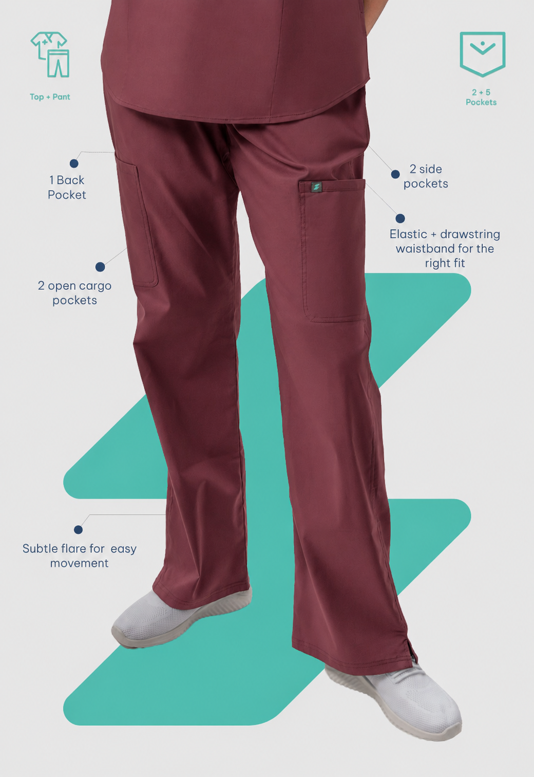 Mandarin Collar Top | Wide Leg Pant 7 Pocket Women's Cotton ScrubSet#Color_Royal Plum
