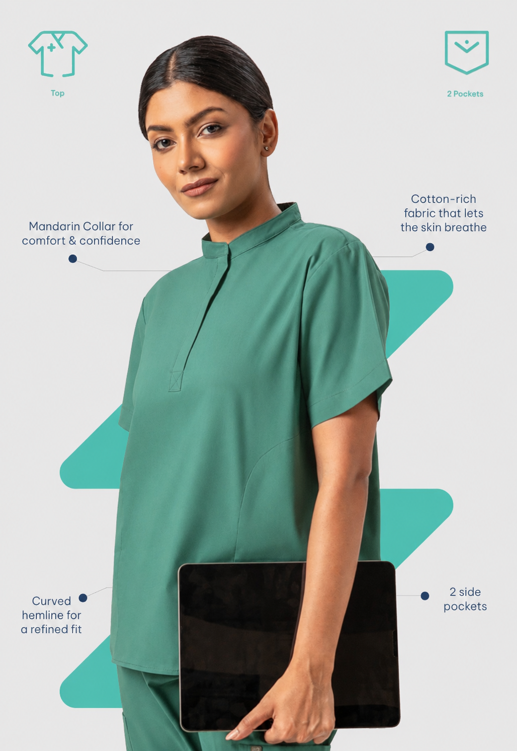 Mandarin Collar 2 Pocket Women's Cotton Scrub Top#Color_Ocean Teal