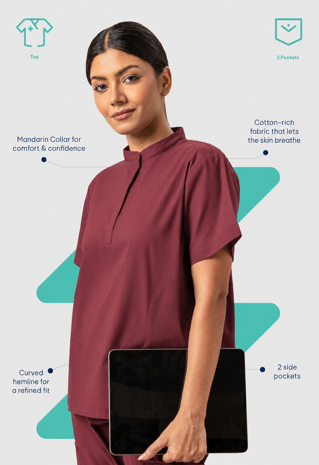 Mandarin Collar 2 Pocket Women's Cotton Scrub Top#Color_Royal Plum