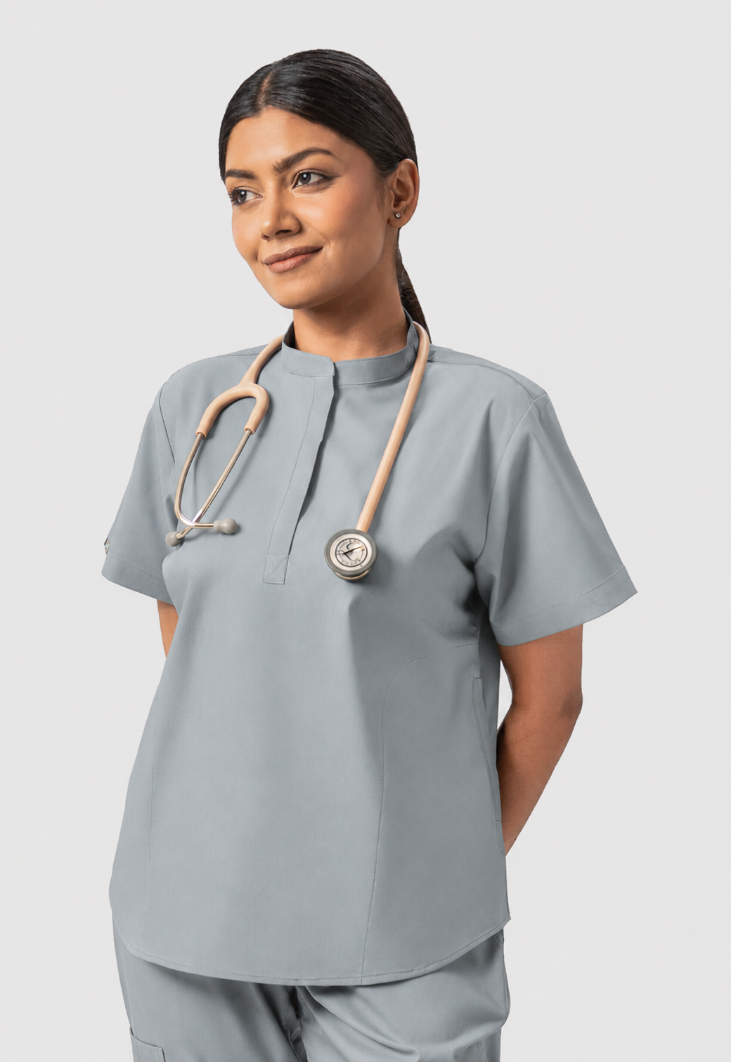 Mandarin Collar 2 Pocket Women's Cotton Scrub Top#Color_Slate Grey