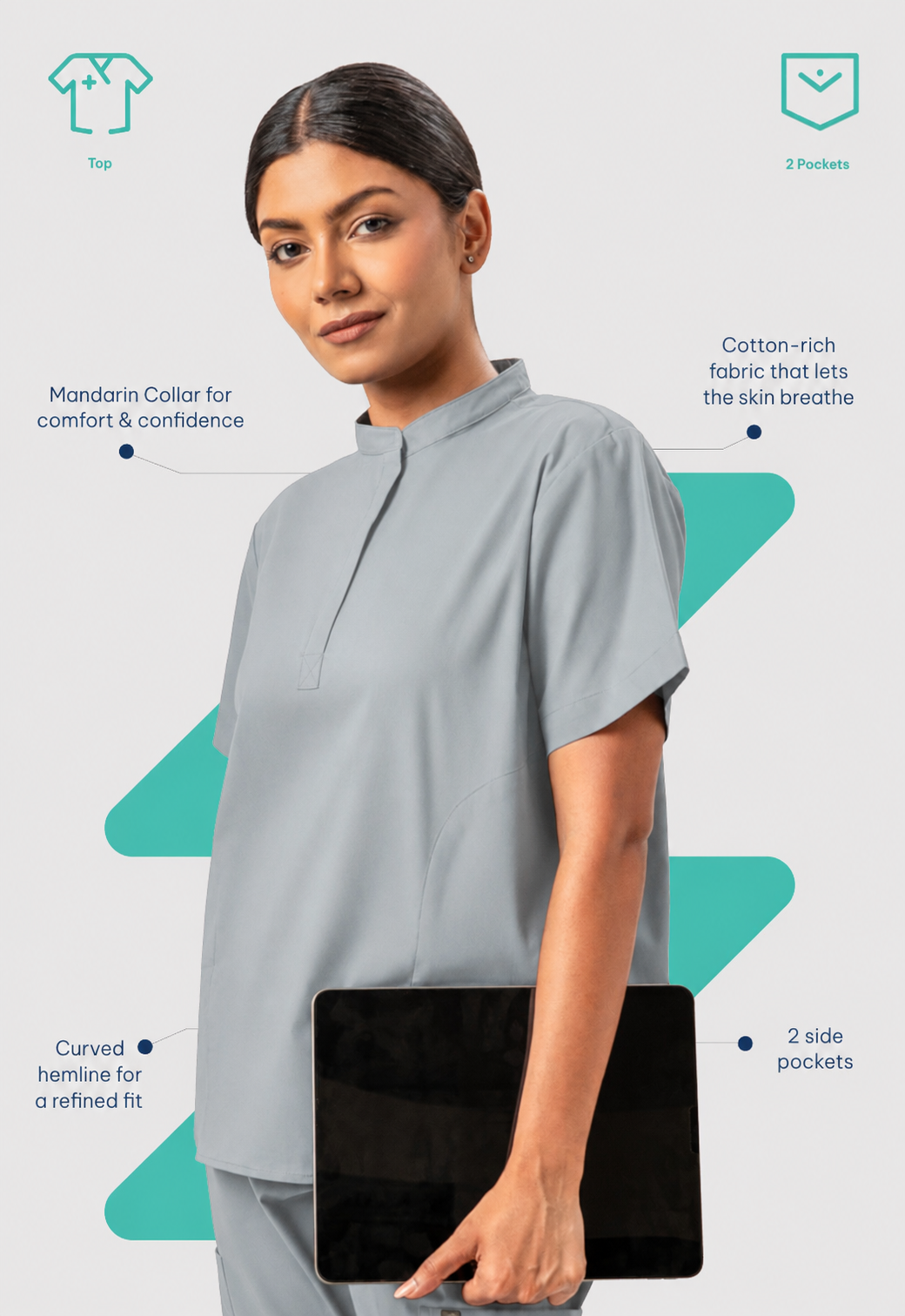 Mandarin Collar 2 Pocket Women's Cotton Scrub Top#Color_Slate Grey