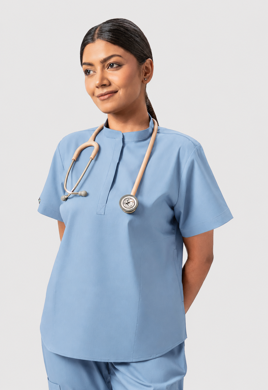 Mandarin Collar 2 Pocket Women's Cotton Scrub Top#Color_Ceil Blue