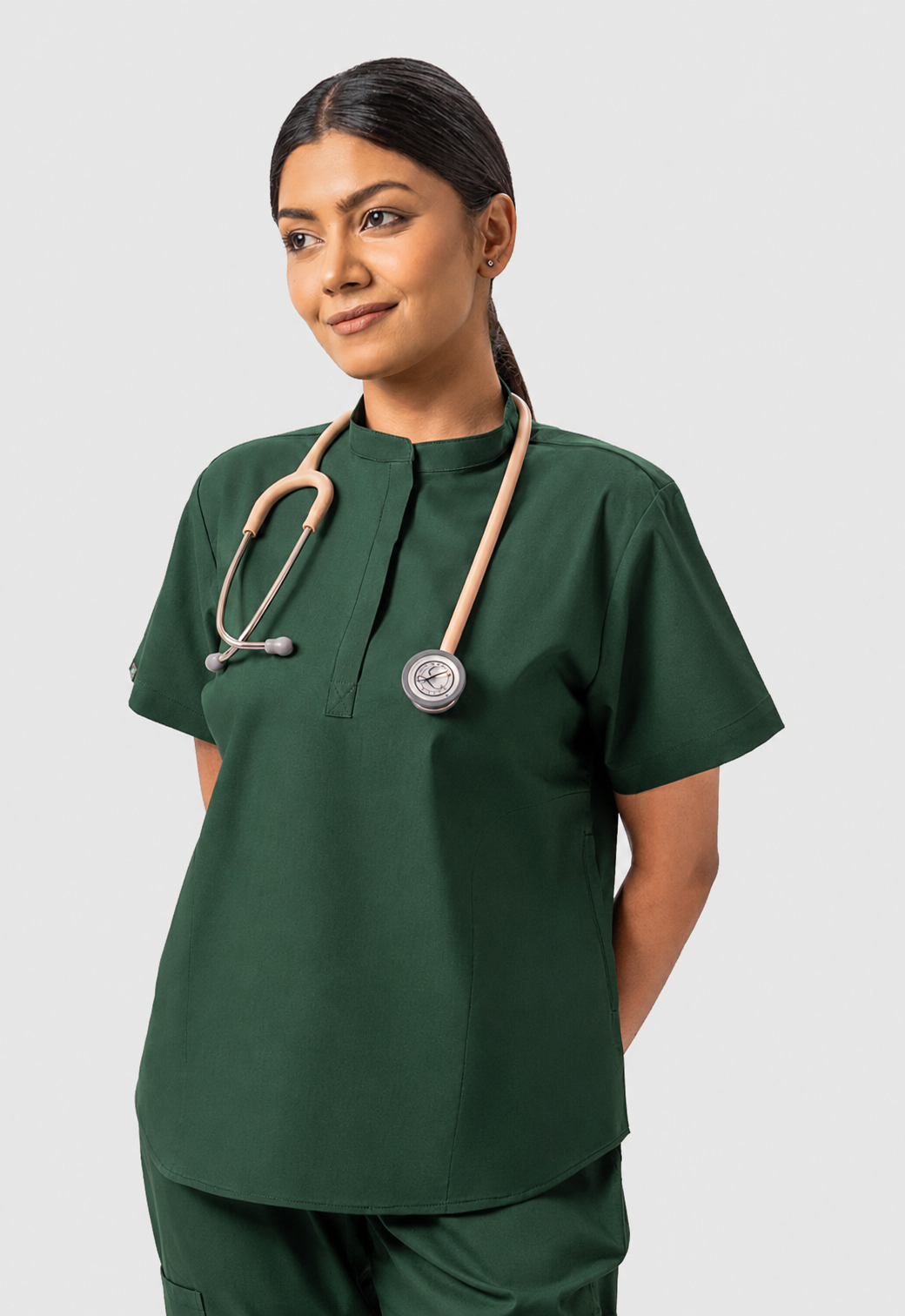 Mandarin Collar 2 Pocket Women's Cotton Scrub Top#Color_Forest Green
