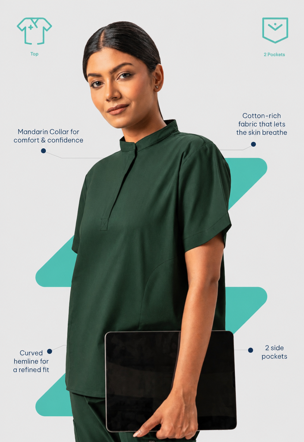 Mandarin Collar 2 Pocket Women's Cotton Scrub Top#Color_Forest Green
