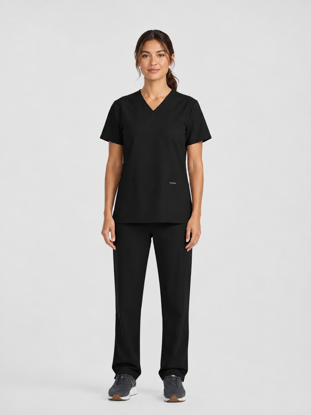 V-Neck Top | Straight Leg Pant 5 Pocket Unisex Scrub Set#Color_Black