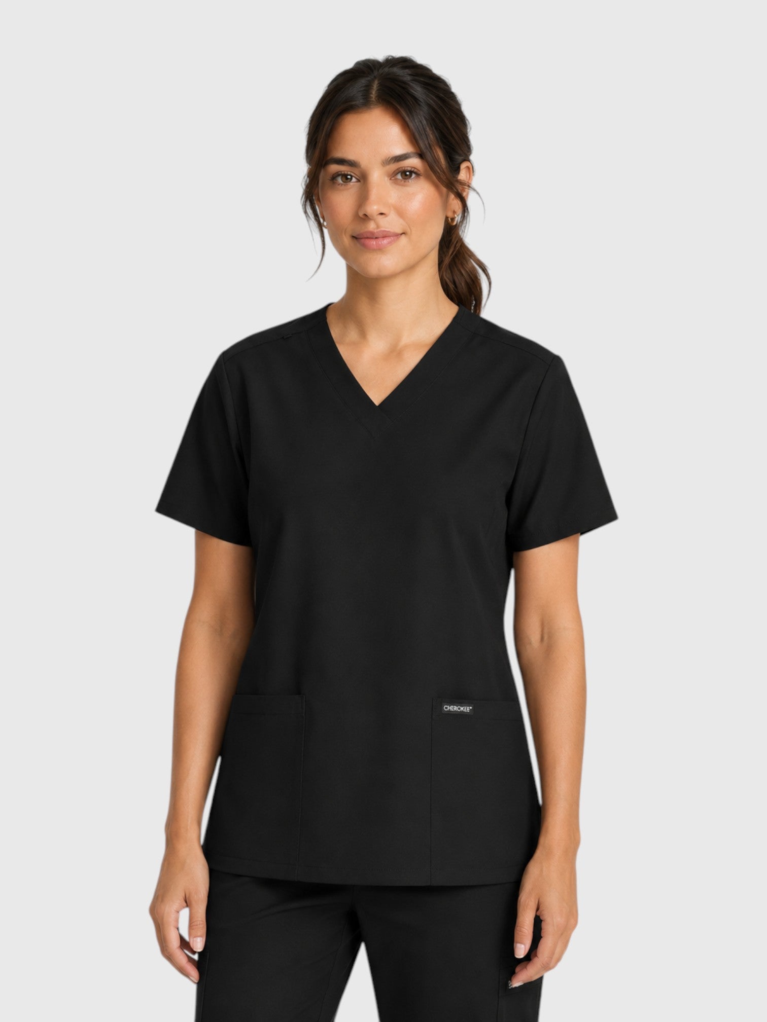 Modern V Neck 2 Pocket Unisex Scrub Top#Color_Black