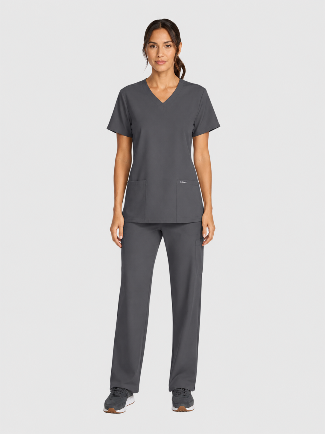 V-Neck Top | Straight Leg Pant 5 Pocket Unisex Scrub Set#Color_Pewter