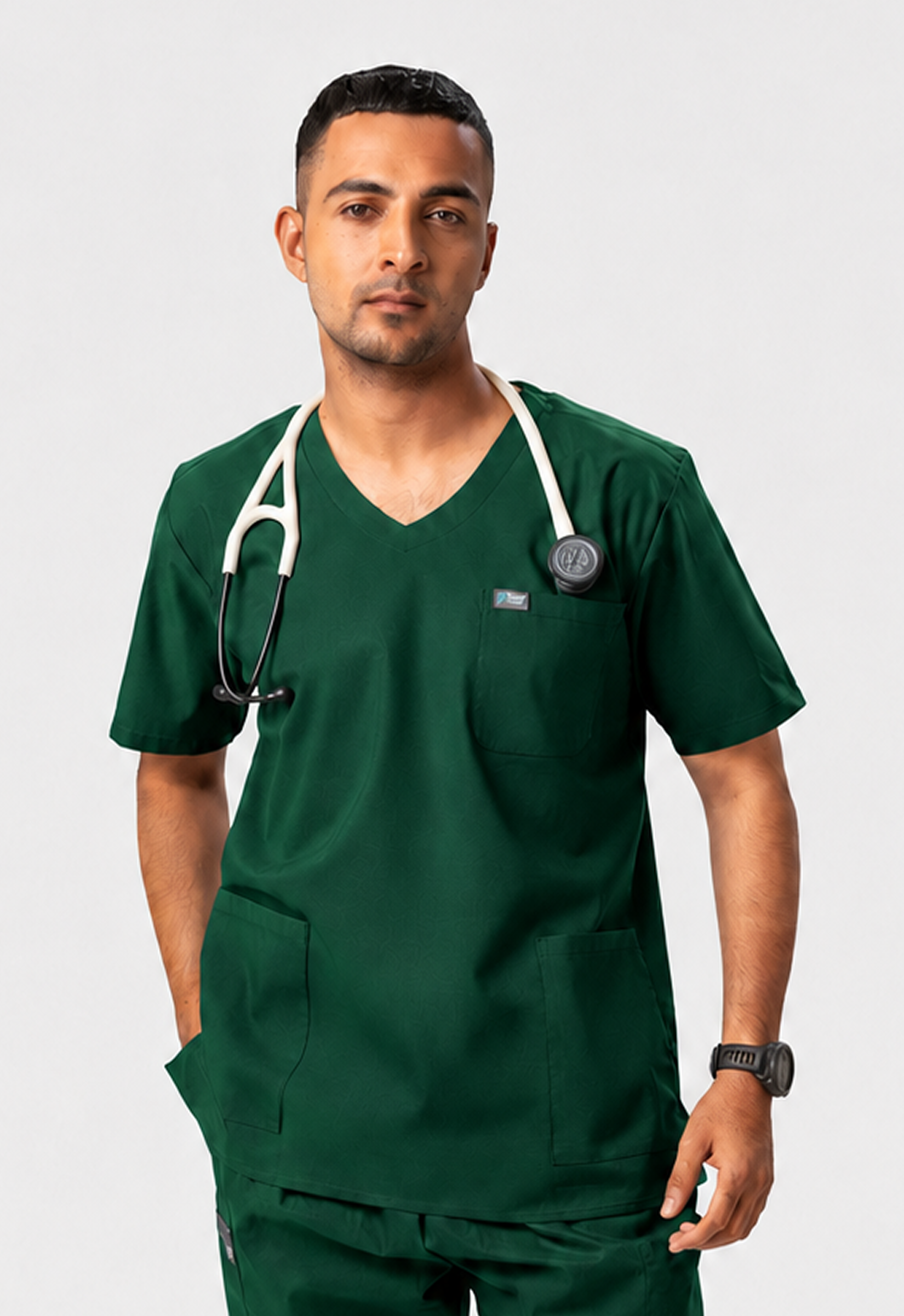 Modern V-Neck 3 Pocket Men's Cotton Scrub Top#Color_Forest Green